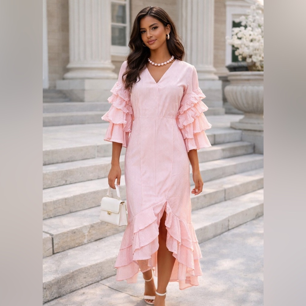 Gianni Bini,Lola Tango Dress,Pink/White Ruffle-Sleeve,High-Low Hem,Cotton Size S